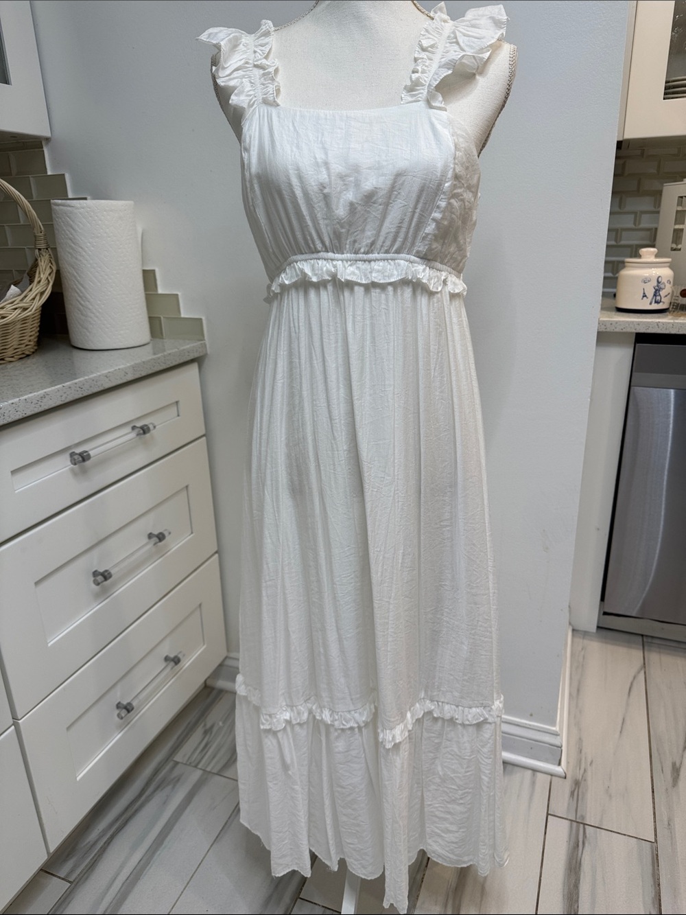 Blu Pepper Ivory Ruffle-Trim Maxi Dress